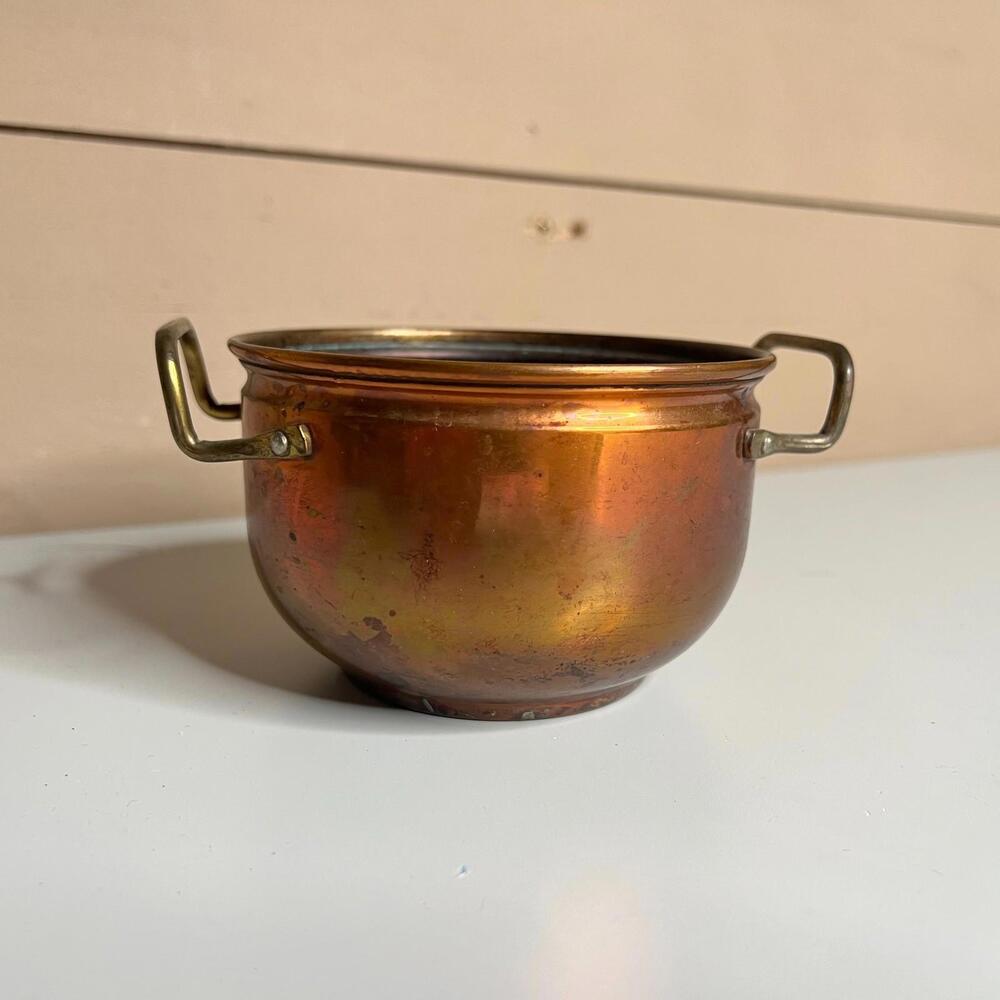 Vintage Copper Pot 4” Diameter w Side Handles Rustic Farmhouse Decor